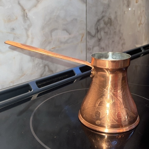 Etched Copper Turkish Coffee Pot Milk Warmer with Long Handle - Picture 2 of 7